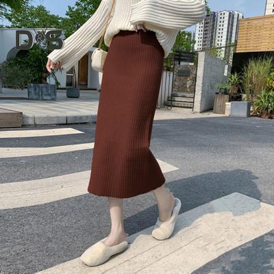 Women Knitting Skirt High Waist Back Slit Design Solid Color Midi Skirt Soft Breathable Thickened Warm Hip Wrapped Skirt