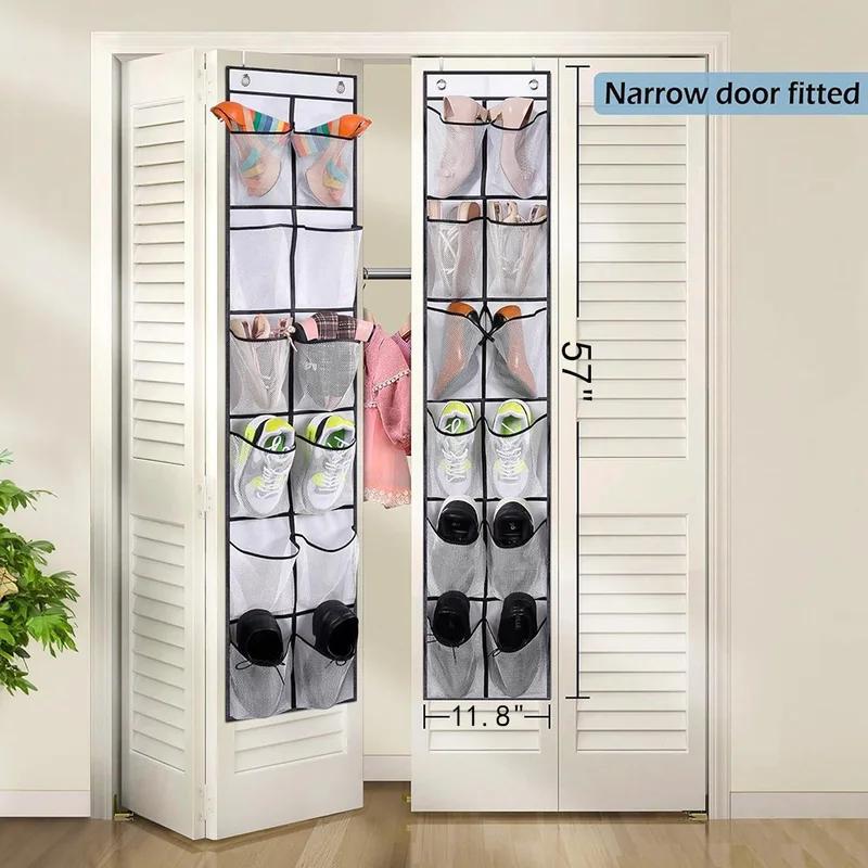 12 Pockets Over the Door Shoe Organizer Large Mesh Pockets With 2 Hooks Transparent Fabric Shoe Rack Storage Bag For Bedroom