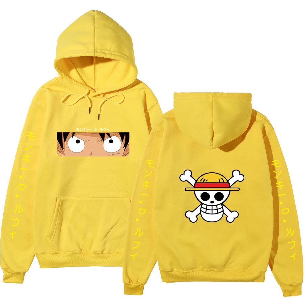 Unisex One Piece Monkey D Luffy Double‑Sided Print Fleece Hoodie, Both‑Sleeves Japanese Text Anime Pullover Hooded Sweatshirt Streetwear