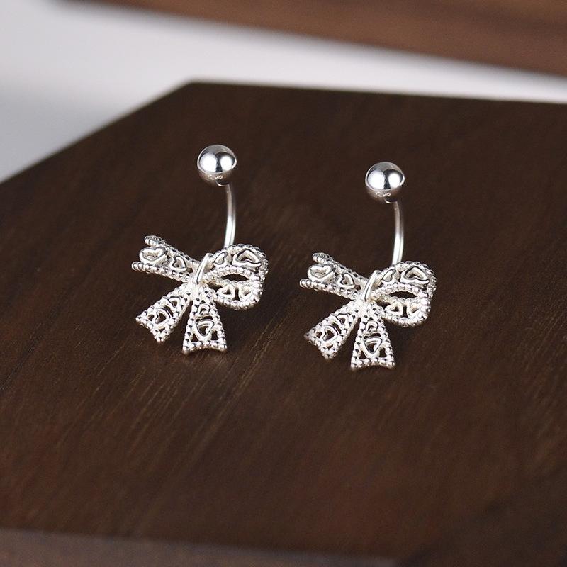 Настоящее серебро 925 пробы Кружевное Сердце Полое Бант Винтовая Застежка Серьги-Гвоздики для Женщин Тонкие Украшения Минималистичные Аксессуары