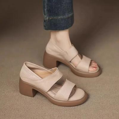 Neue 2026 Damen Weiches Leder Fischmaul Römische High Heels Sandalen Doppelt Tragen Sommer Outdoor Gummisohle Runde Zehenschuhe