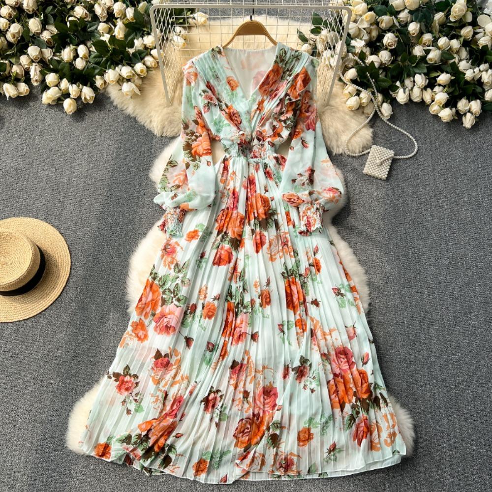 Kobiety słodkie dekolt w serek latarnia rękaw vintage print francuski styl slim fit szyfonowe sukienki dresowe plisowane duży rozkloszowany szlafrok sukienka