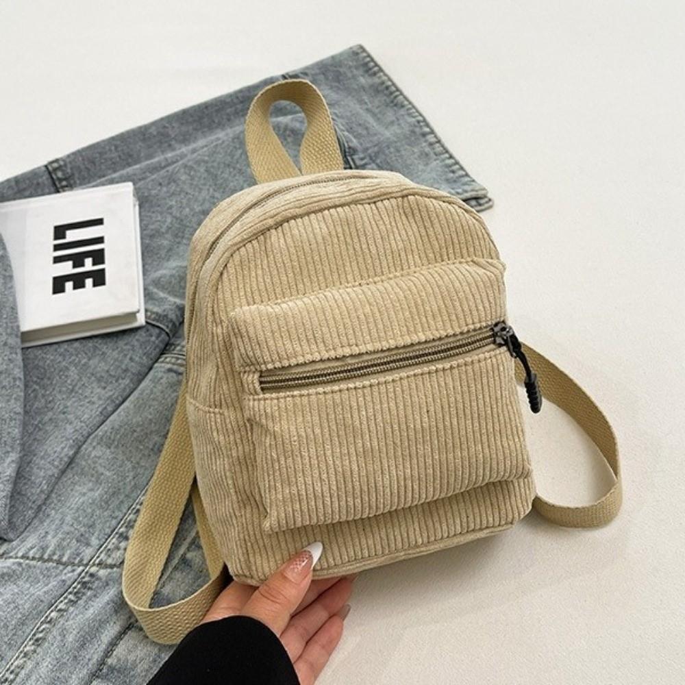 Zipper Double Shoulder Bag Lightweight Daypack Korean Style Corduroy Mini Backpack Casual Travel