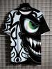 Men'S 3D Monster Face Graphic T-Shirt - Black & White Horror Design, Breathable Polyester, Casual Summer Round Neck Tee with Eye & Teeth Print, PLUS