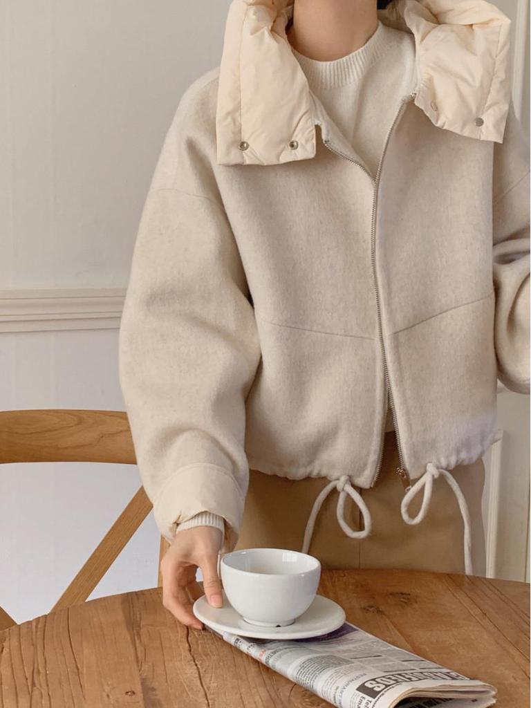 Korean Dongdaemun Patchwork Hooded Drawstring Wool Coat for Women (Autumn/Winter)