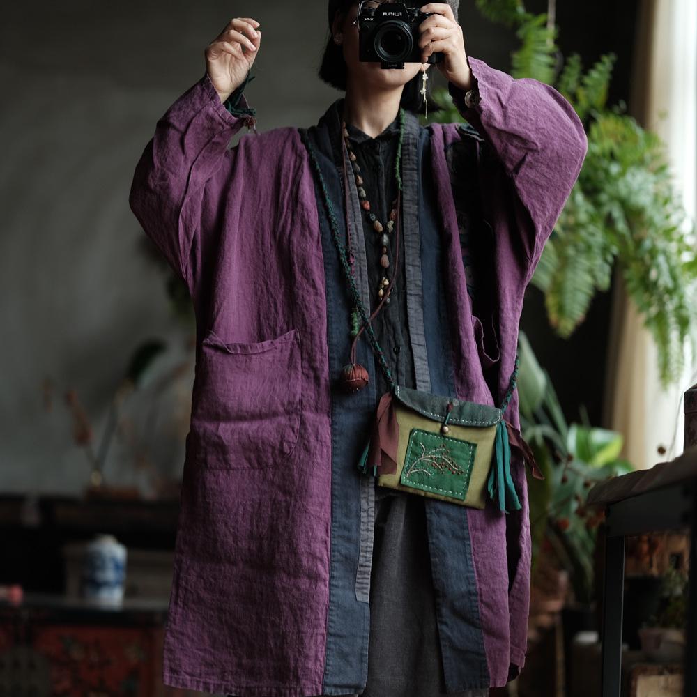 

Ancient Purple Linen Snowflake Flower Robe - Handmade Loose Fit One Size