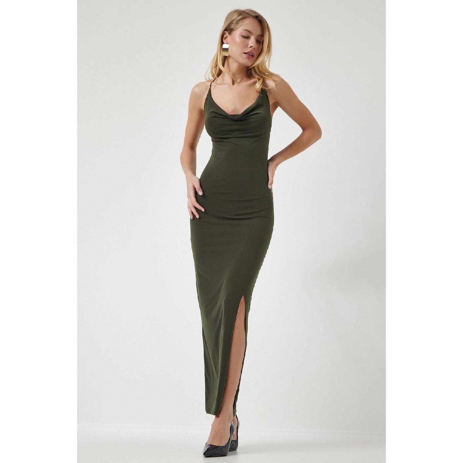 

Женское песочное платье цвета хаки с перекрещенными бретелями и разрезом Dz00113 40 зелёный