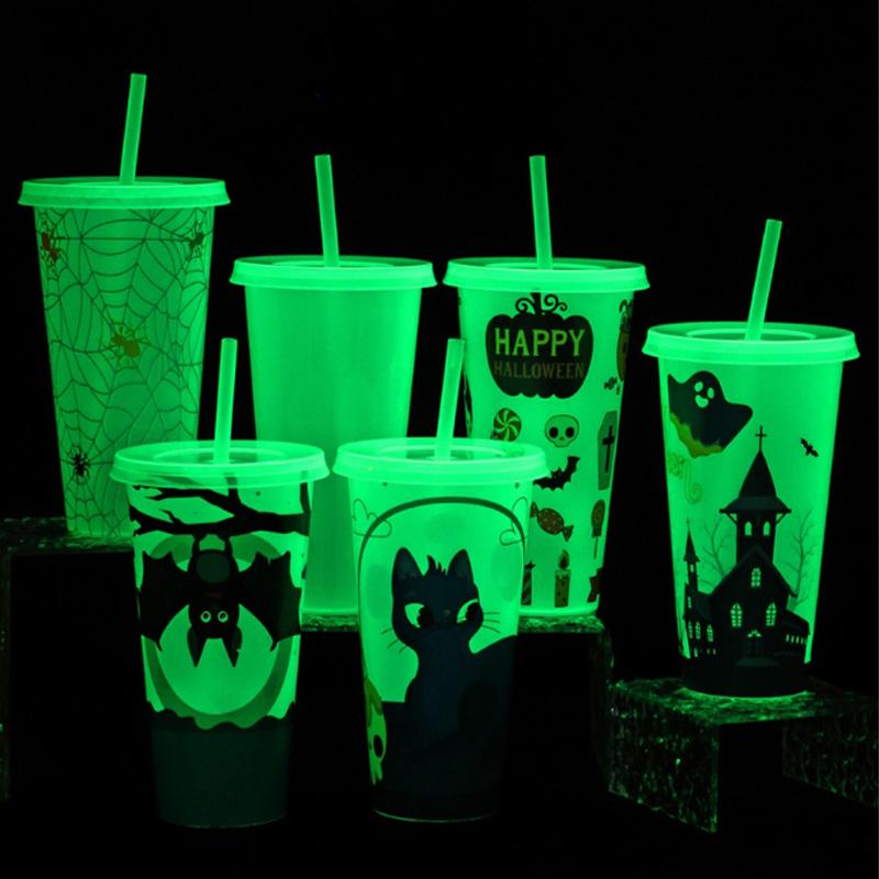 1PC 720ml Halloween Print Plastic Luminous Straw Cup Juice Milk Tea Coffee Cups for Party Supplies Funny Straw Cup Kitchen Drink