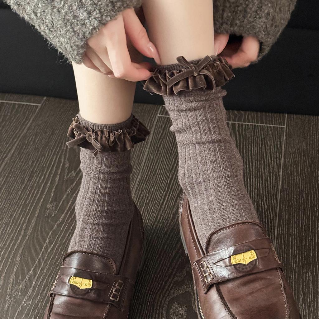 Autumn And Winter Retro Brown Socks Children'S Lace Bow Beige Calf Socks Soot Tube Socks Cotton Stacking Socks