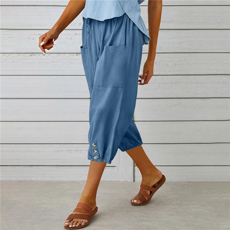 Summer Women's Trousers Casual Three-quarter Loose Drawstring High Waist Button Cotton And Linen Trousers