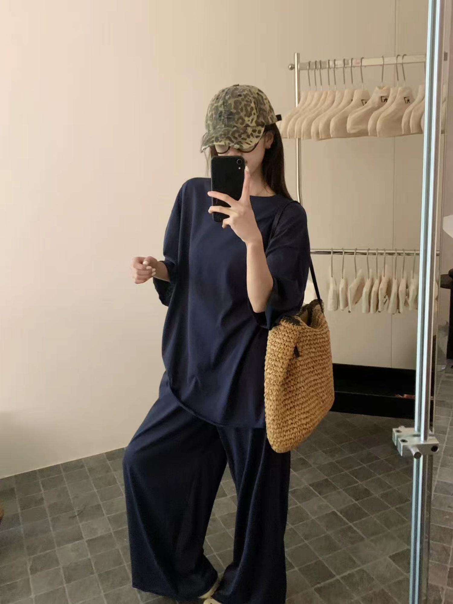 

Plus Size Korean Style Casual Two-Piece Set for Women - Short Sleeve Top & Long Pants L темно-синий