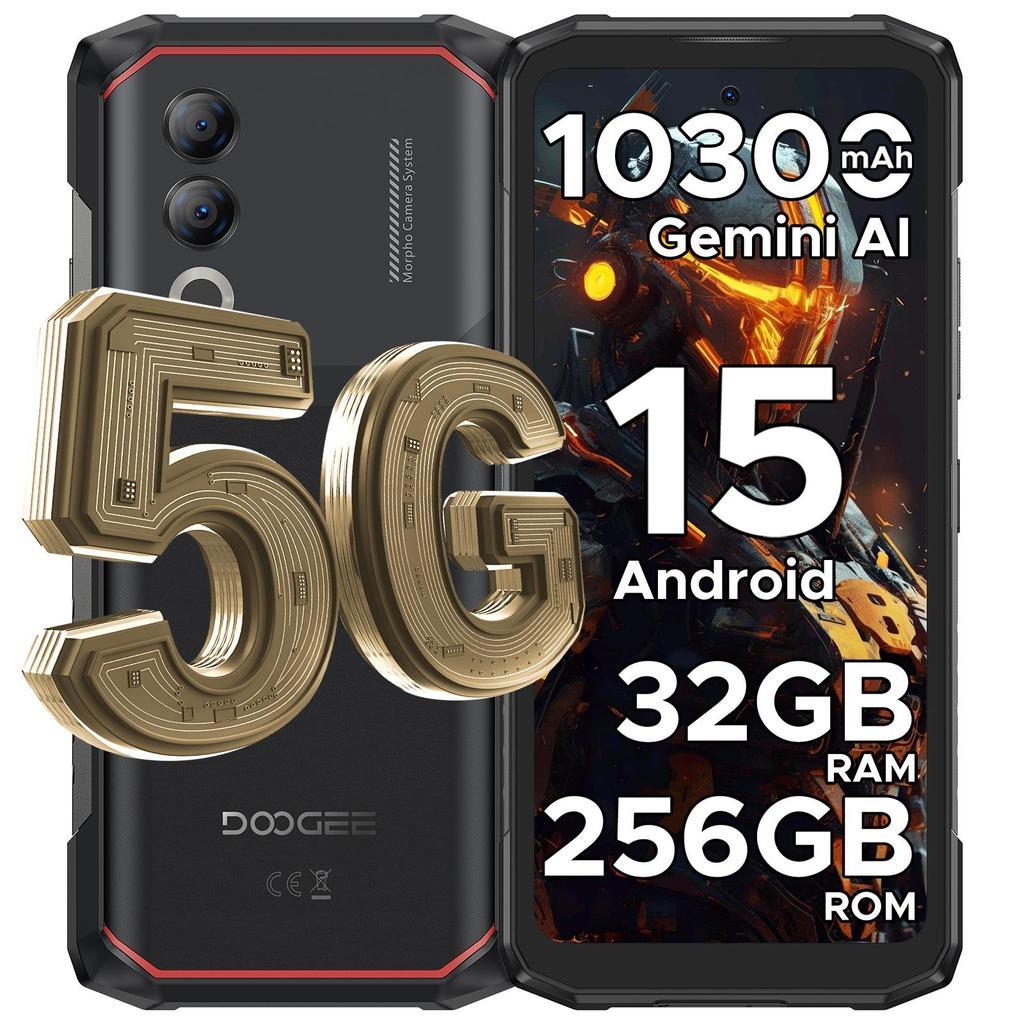 Doogee Blade20 Turbo 5G Rugged Smartphone, 32 GB+256GB&Gemini AI, Android 15, 10300mAh/ 33W, 50MP, 6.6"HD+ 90HZ, 3 Card Slots/WIFI6/GPS/NFC-Black