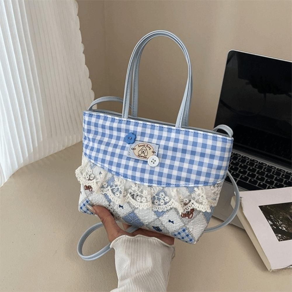 Rural Style Lace Lattice Handbag Square Plaid Bow Handbag Korean Style Denim Sweet Crossbody Bag Students
