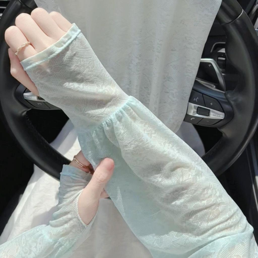 Women's Lace Trim Ice Silk Arm Sleeves Loose Fit Sun Protection for Driving Cycling