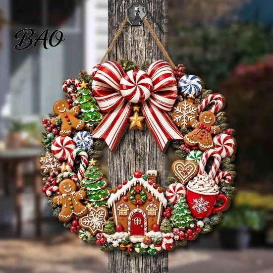 Seasonal Front Door Decor Gingerbread Man Wreath Wooden Sign for Door, Retro Christmas Hanging Plaque with Garland Candy Cane Bow And House