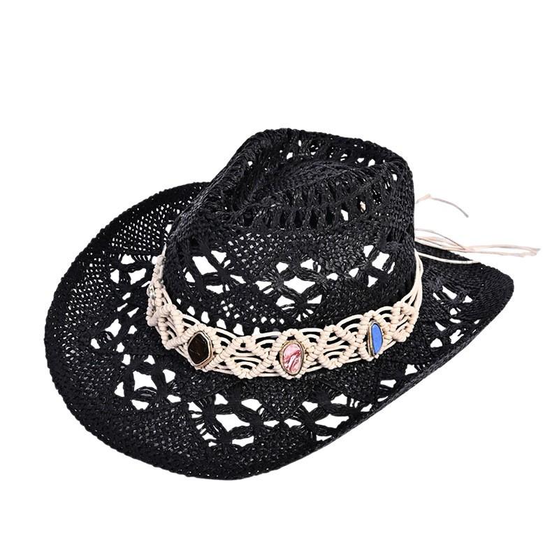 Burst Hat Women's Outdoor Beach Hat Hollow Paper Grass Western Cowboy Hat Beaded Summer Sunscreen Visor