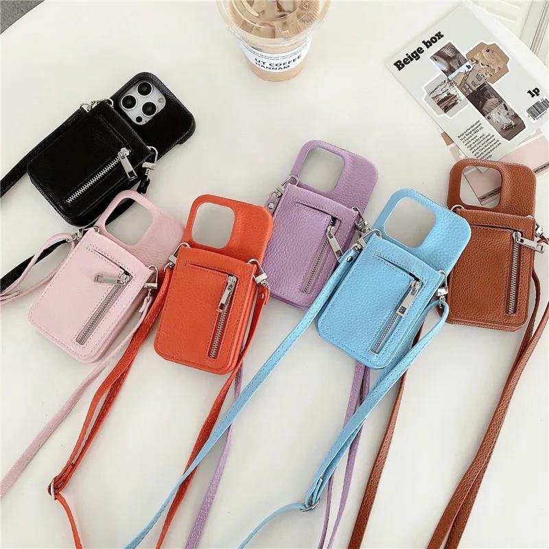 Crossbody Lanyard Phone Case for IPhone 13 12 Mini 15 14 11 Pro Max XS XR 8 7 Plus Wallet with Card Holder Leather Cover