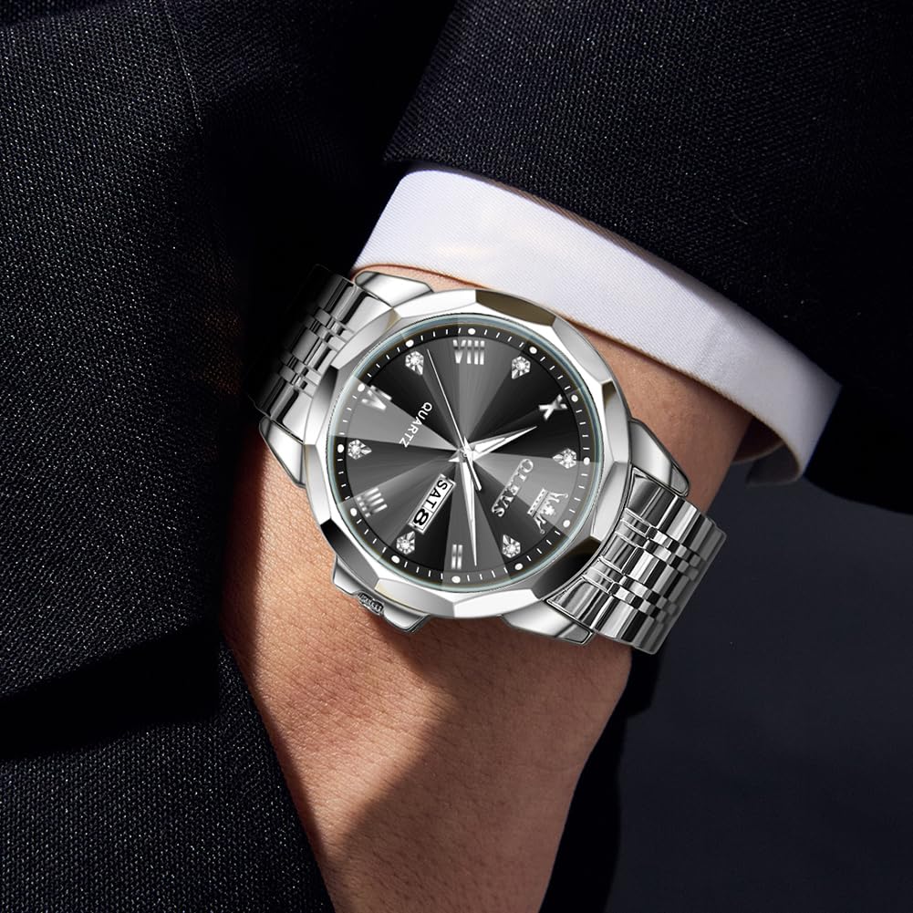 OLEVS Men's Quartz Fragrance Watch, Stainless Steel, Waterproof, Date Display, Calendar, Luminous, Popular, Stylish, Brand Name, Black