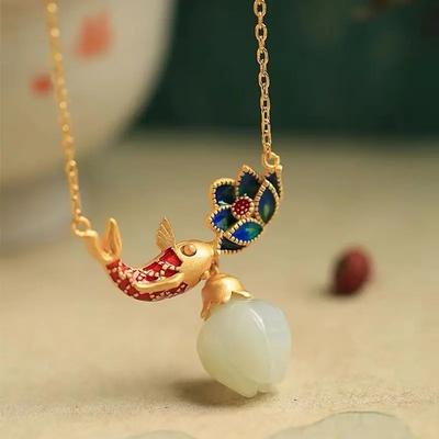 Natürliche An Jade Halsketten Emaille Fischförmige Lotus Antikes Gold Handwerk Anhänger Leichter Luxus Chinesischer Stil Retro Charme Schmuck