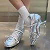 Designer High Heels Women's Round Head Cross Lace Strange Shoes Sports Style Silver Low Heels