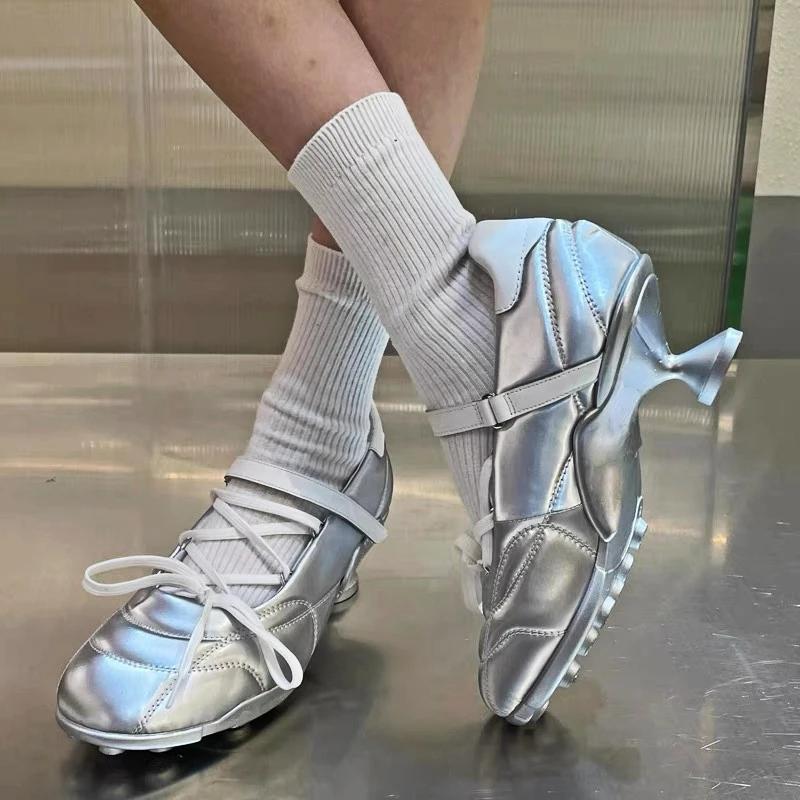 Designer High Heels Women's Round Head Cross Lace Strange Shoes Sports Style Silver Low Heels