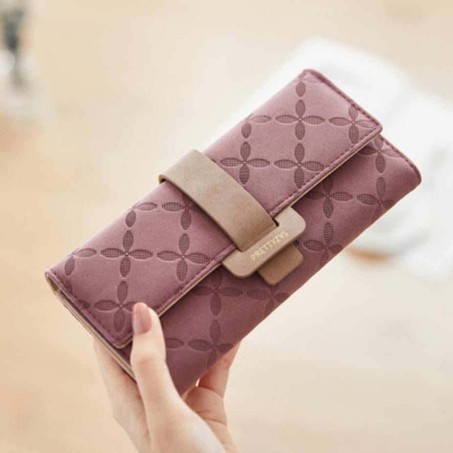 

Long Wallet Women s Checkered Buckle Bag Large Capacity Folding Handbag бордовий