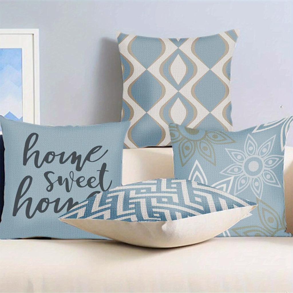 Home Decor Blue Geometric & Floral Home Sweet Home Pillows Pattern Cushion Cover Suitable For Sofa Bedroom Car Pillow Cover