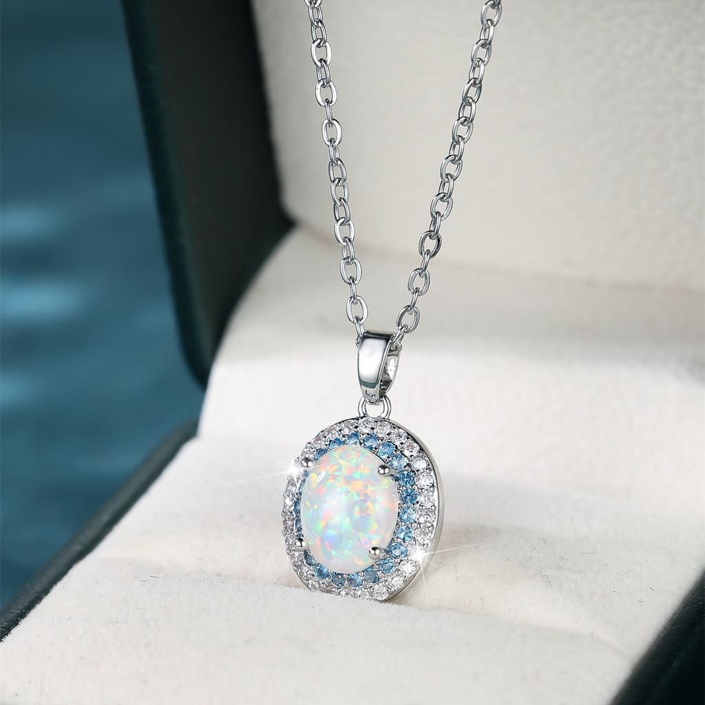 Böhmische eiförmige Opal Meeresblau Zirkon Anhänger Halskette für Damen, eine Nischen-High-End-Schlüsselbein Kette, ein leichter Luxus-Geschenk für sie Blingbling Schmuck