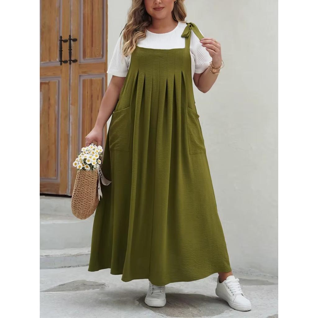 Plus Size Solid Tie Shoulder Overalls Dress For Women  Summer Casual Loose Sleeveless Maxi Long Dresses with Pockets