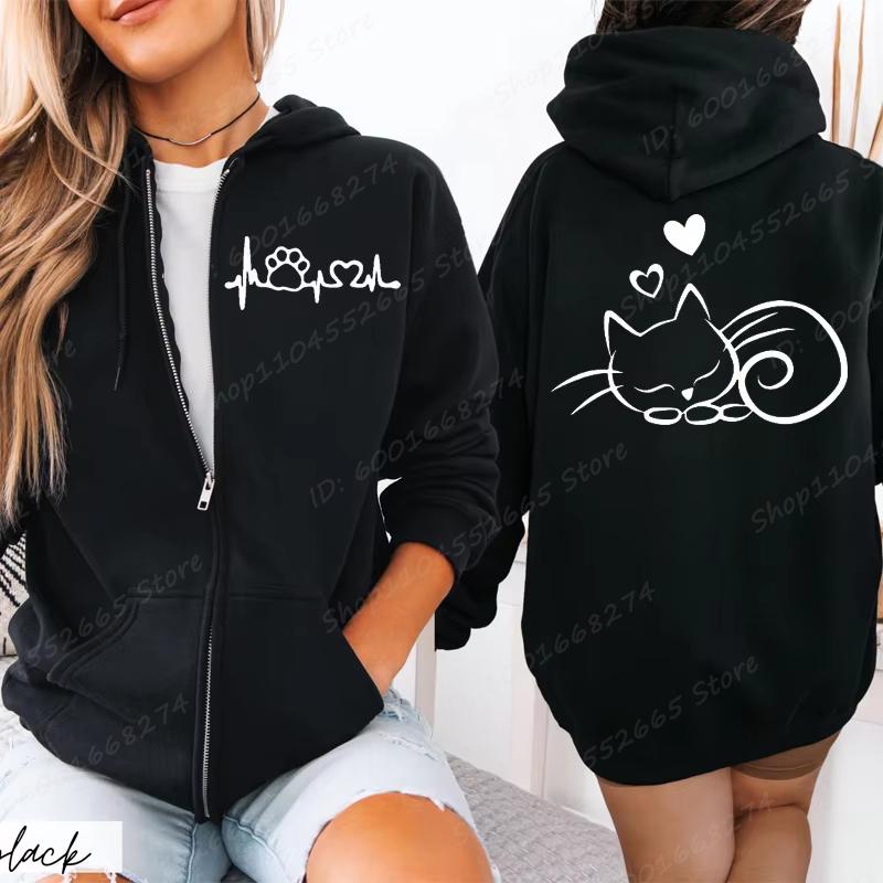 Women Zipper Hoodies Autumn Winter New Cute Cat Heatbeat Line Print Hoodies Streetwear Women Zip Up Jacket Coat Clothing