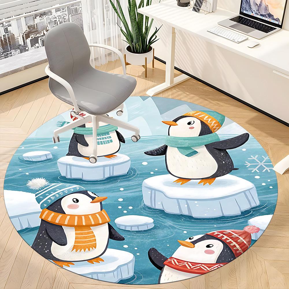 1PC Penguin Iceberg Pattern Office Round Area Rug, Indoor Mat Suitable For Office, Under Office Chairs Bedroom Living Room Home Decor, Room Deco 145