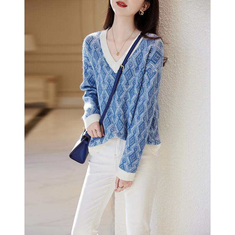 Demana Women's V-Neck Retro Plaid Knit Sweater