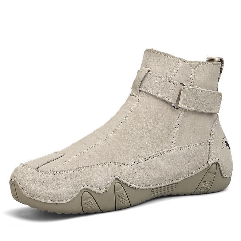Large Size Men's Boots with Side Zipper and High Top for Outdoor Casual Wear, Hand Sewn Leather Boots