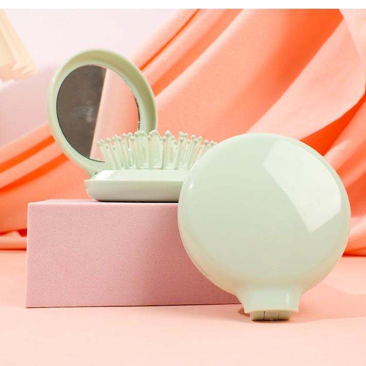 Korean Cute Macaron Soft Color Mini Folding Mirror & Air Cushion Comb Set