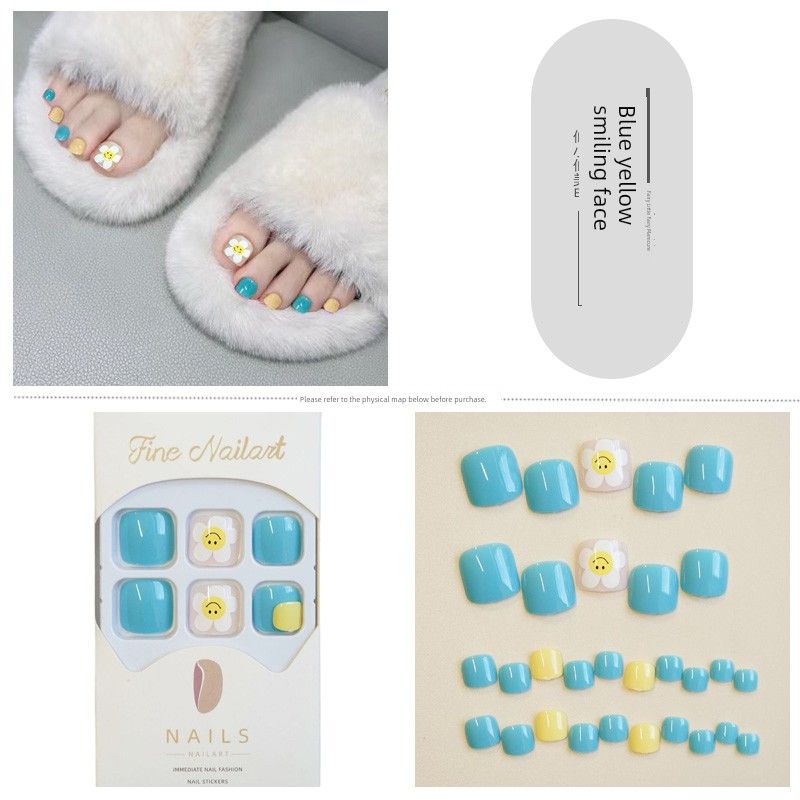 

Cute Bunny Heart Toe Wear Armor Cartoon Soft Cute Sister Girlish Style Nail Stickers Finished Fake Feet Nail Shaped Piece 231-Blue Yellow Smiley
