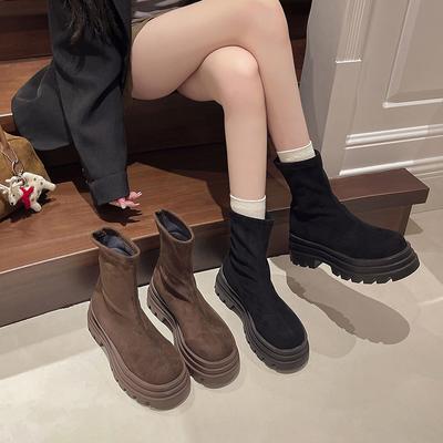 Vintage Chunky Women Stretch Modern Boots Fashion Slip On Shoes Autumn Winter Platform Flats Ladies Short Booties
