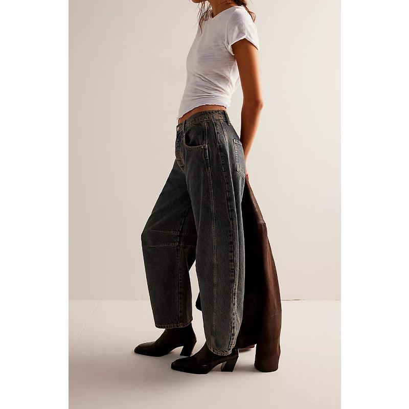 Wide Leg Loose Jeans,Women's Mid-Low Waist Washed Jeans