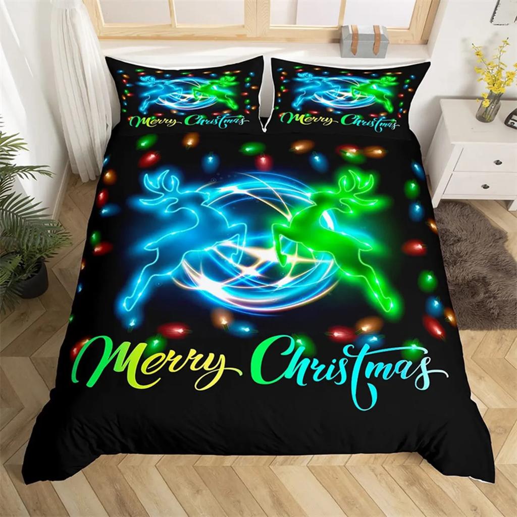Merry Christmas Duvet Cover Happy New Year Microfiber Xmas Deer Elk Bedroom Decoration for Boys Girls Golden Bow Holiday Gifts
