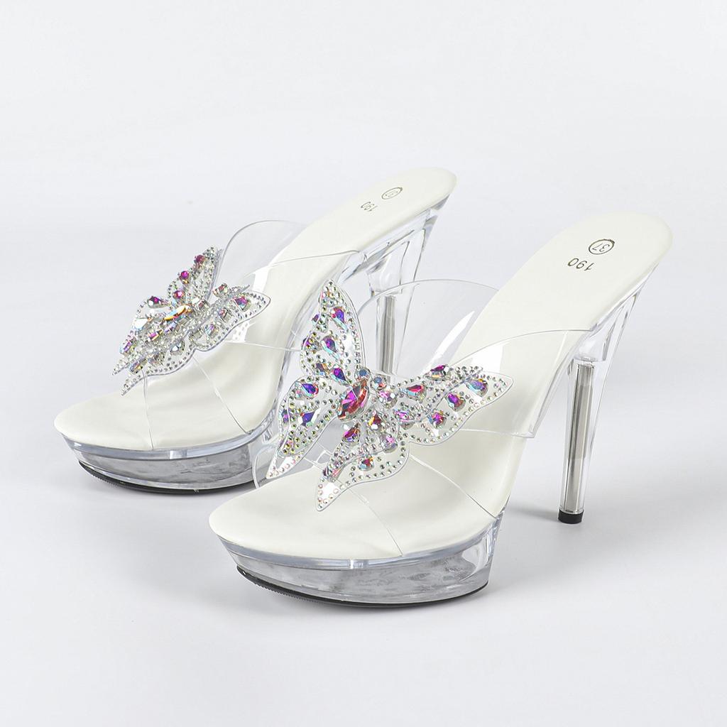Rhinestone Sexy High Heel 13CM Thin Heel Waterproof Table Slippers Transparent Crystal Shoes Shoes Banquet High LFD-1099-Q22