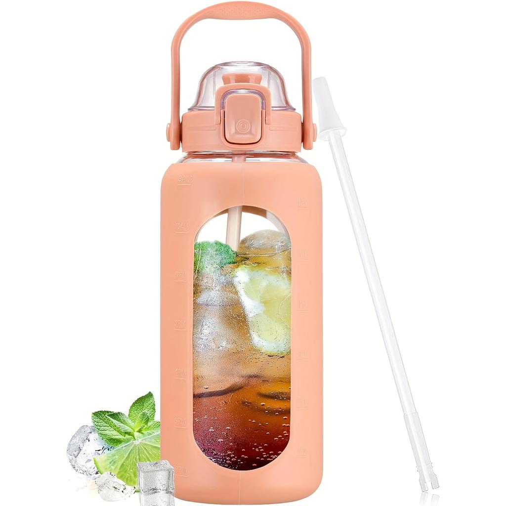 64oz Skleněné láhve na vodu se slámkou a víčkem Půlgalonová láhev na vodu s časovým značením Nepropustné skleněné láhve na vodu se silikonovým pouzdrem