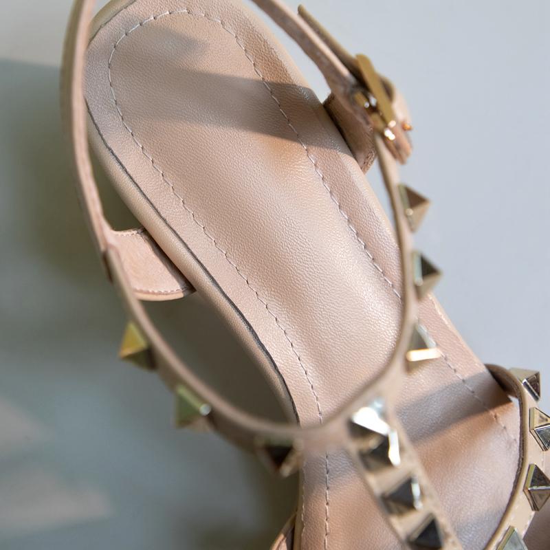 Fashion Women's New Spring/Summer Round Head Genuine Leather Cowhide Metal Rivet High Heel Large Elastic Strap Roman Sandals