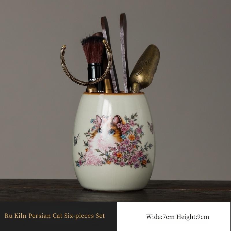 

Persian Cat Tea Set RuYao Kung Fu Tea Ceremony Accessories Storage Chinese Tea Canister Utensils Pen Case Pot Six Pieces Set