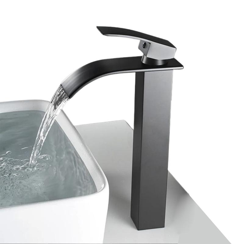 Matte Black Basin Faucet Deck Mounted Single Lever Bathroom Crane Waterfall Brass Bathroom Tap Hot and Cold Water Mixer Taps