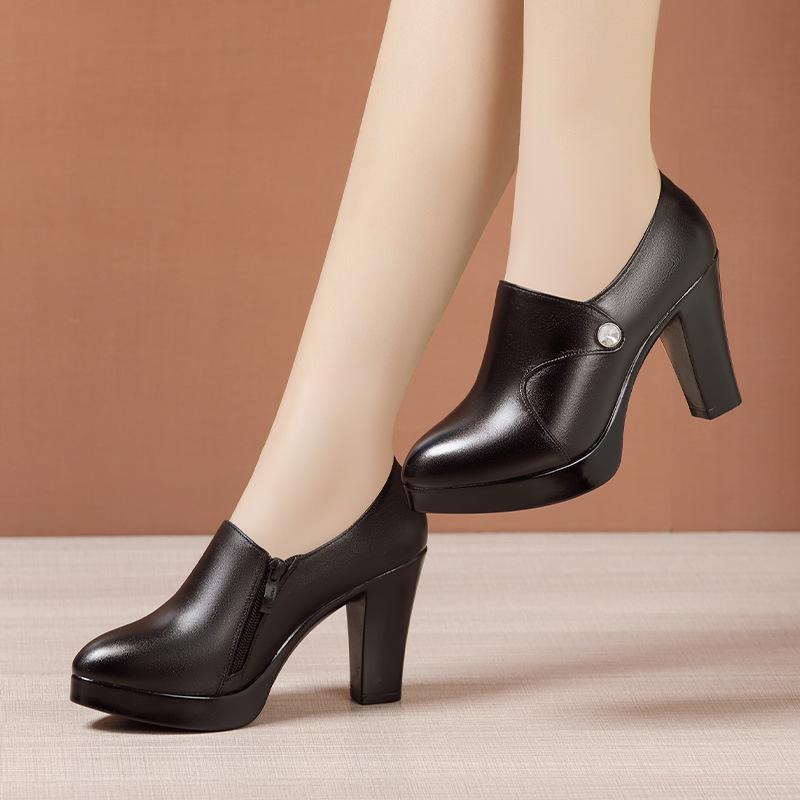 Size 32-43 Women's High Heels Shoes Genuine Leather Platform Black Work Shoes Woman Pointed Thick Heel Deep Mouth Casual Pump