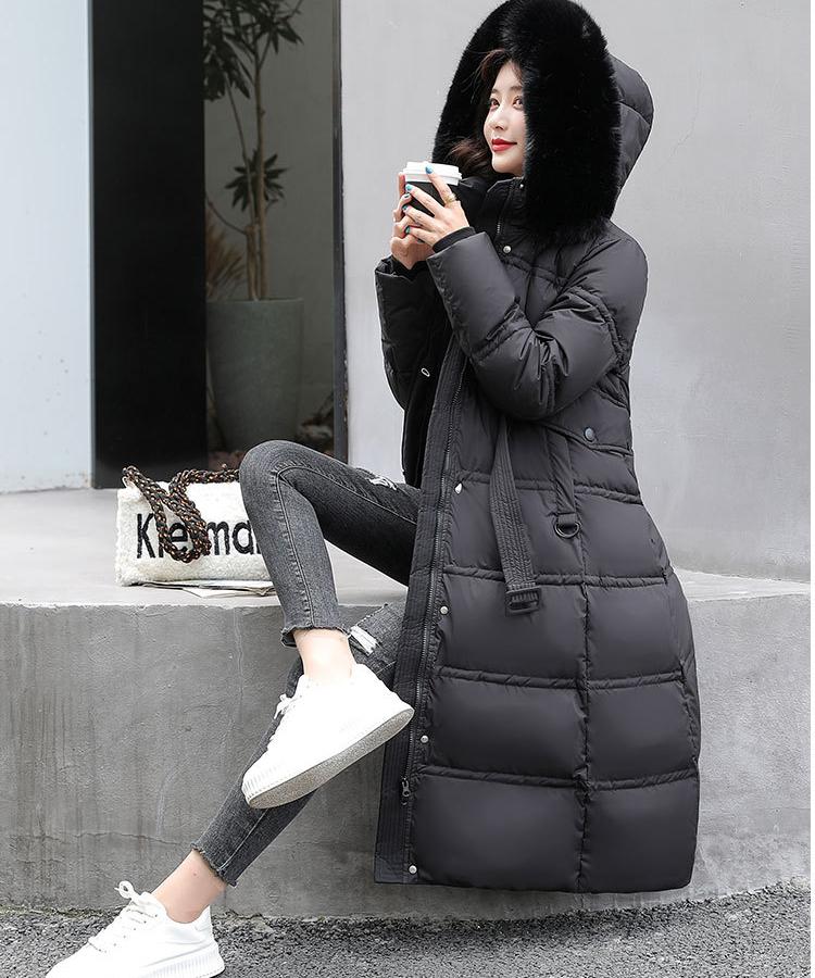 Femei iarnă cu glugă guler de blană artificială, buzunar mare, cu centură lungă, jachetă pentru mamă, parka căptușită din bumbac.