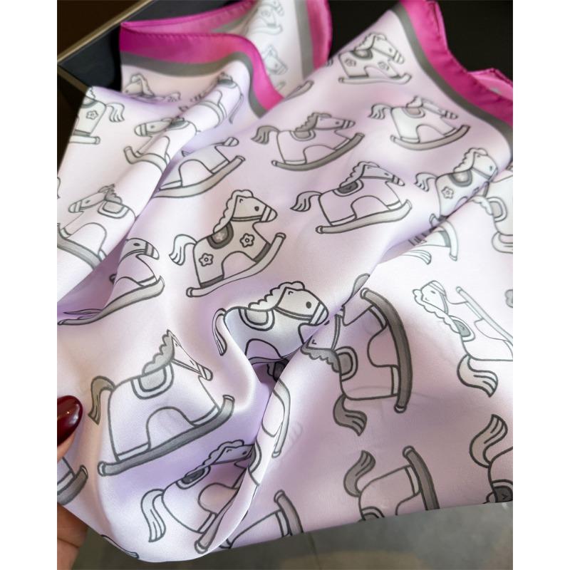 Korean Style Cute Trojan Printed Silk Feel Square Scarf For Women