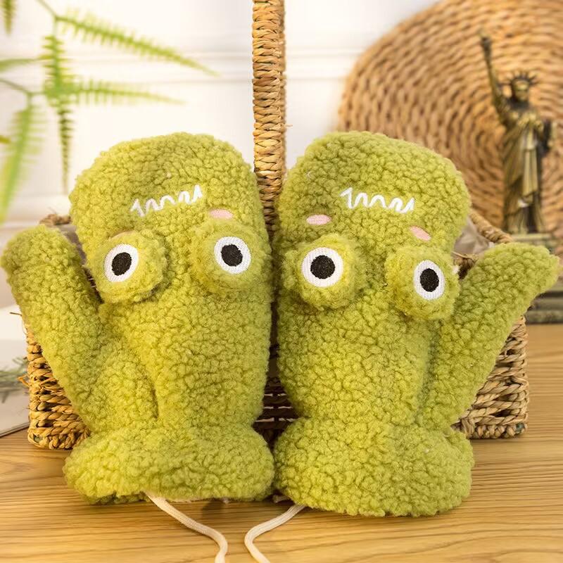 

Уличные зимние модные плюшевые милые лягушки толстые теплые перчатки женские мультфильм подвесные перчатки с шеей анти-холодные толстые теплые перчатки с полным пальцем зелёный