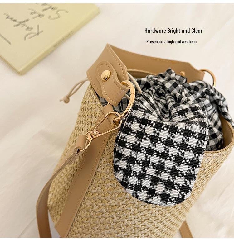 2026 Bow Plaid Straw Woven Bucket Bag: Fashionable, Versatile Single Shoulder Crossbody Handbag for Women