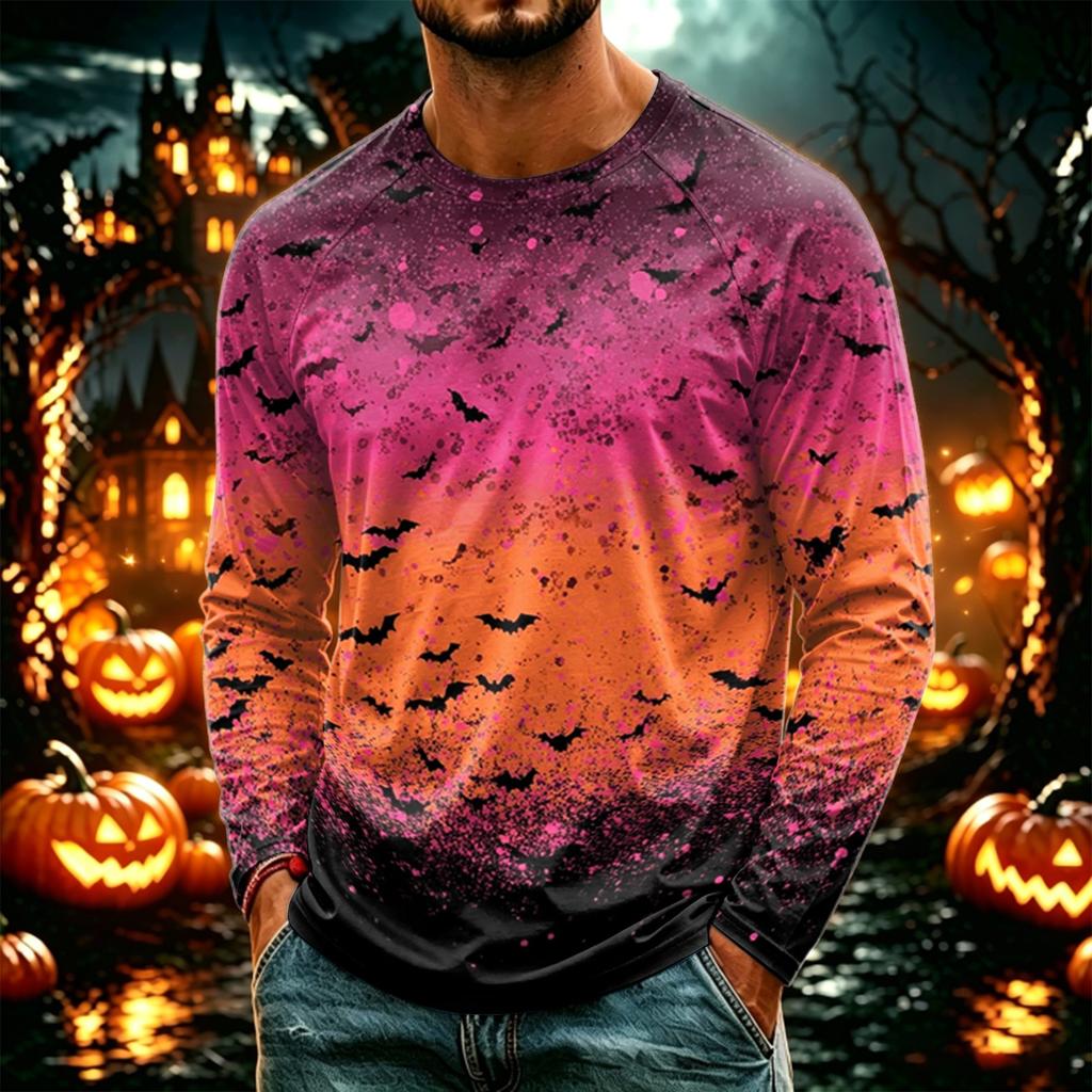 Men's Halloween Printed Long Sleeve T-Shirt, Lightweight Casual Crewneck Top