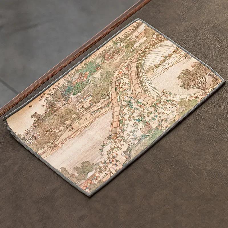 Chinese Painted Flower Pattern Thickened Tea Towel Plush Imitation Deerskin Absorbent Water Rag Tea Napkins Cloth Tea Ceremony